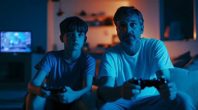 Father and son playing video games together bonding family time gaming console controllers television screen