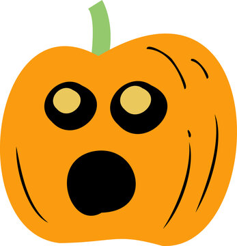 Flat-style pumpkin is looking shocked with green stem, eyes, oval mouth on transparent background