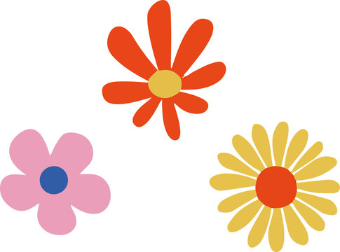 Fototapeta Pink five-petal orange-red eight-petal yellow daisy flowers are floating on transparent flat design