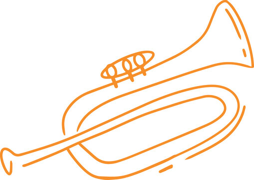 Showing trumpet with valved tubing, bell and mouthpiece in orange outline, transparent background