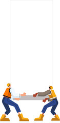 Two site workers are holding suspended beam in flat design with safety gear, transparent background