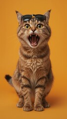 A highly realistic cat standing on two legs like a human, with extremely exaggerated large eyes and a very big open mouth in a screaming or shocked expression. The cat should be wearing funny human