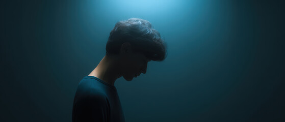 Person stands in dimly lit room, head bowed, under soft blue light