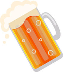 Frothy beer mug flat illustration is showing in transparent background, white foam, amber bubbles