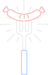 Neon-style design is showing sausage on 3-prong fork with radiating lines, transparent background