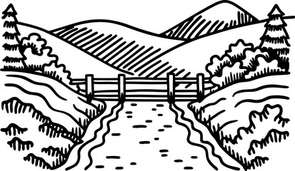 River flowing through countryside with wooden fence, hills and pine trees nature landscape drawing, rural scenery