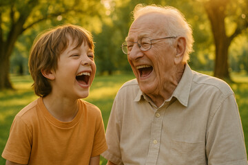 Happy day in July shows important moment of joy between child and elderly man laughing together outdoors in warm sunlight