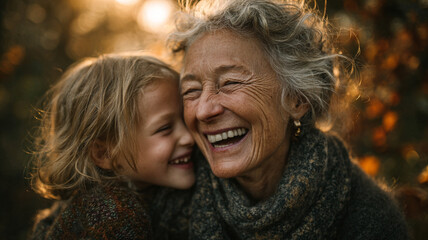 Beautiful day in July with important moment of joy shared between child and elderly woman smiling warmly in nature