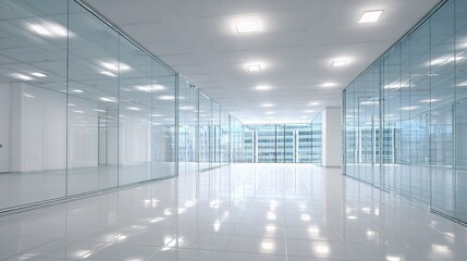 Empty Corporate Office Space with Glass Partitions and Bright Light