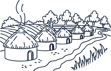 Naklejka premium Traditional round huts village with thatched roofs, rural landscape, trees, and winding path illustration