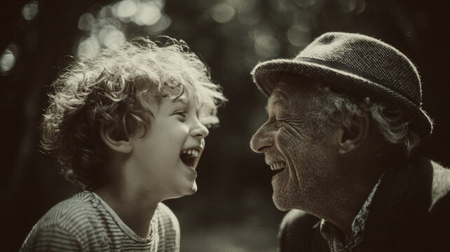 Beautiful day in july shows important moment of joy and laughter shared between child and elderly man outdoors
