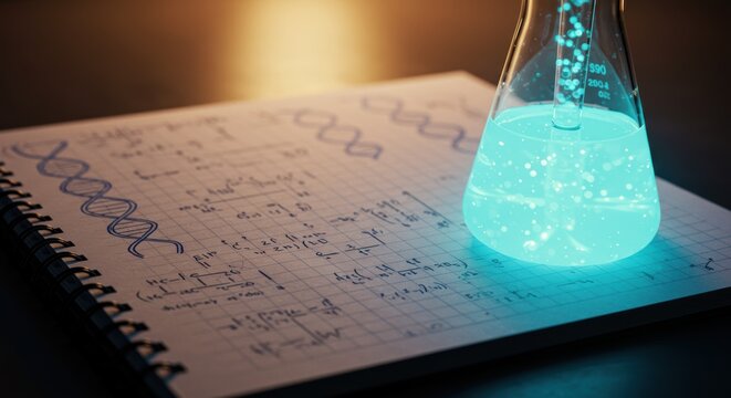 Glowing Liquid in Erlenmeyer Flask on Notebook with DNA and Scientific Formulae
