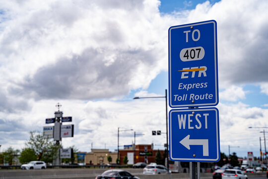 View Of 407 Express Toll Route (ETR) Sign. Vaughan, Canada - May 17, 2025.