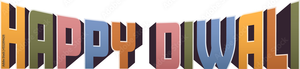 Poster showing vibrant 3d happy diwali letters arcing with bevels and shadows on transparent background
