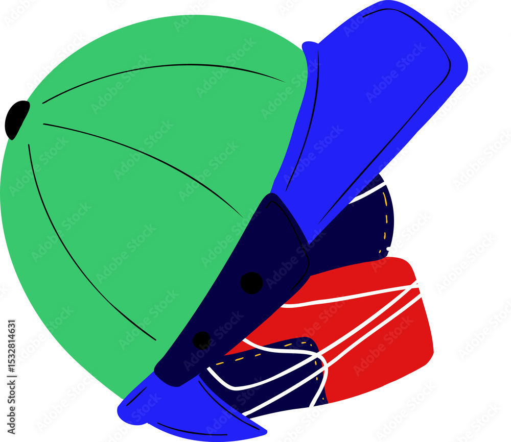 Poster flat design is showing helmet made of colorful panels and white loops on transparent background