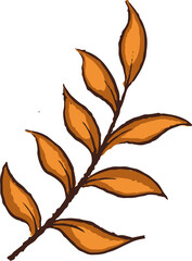 Botanical branch with orange leaves is floating on transparent background in flat hand-drawn style