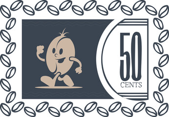 Flat bean is striding across blue box wavy-lines 50-cent semicircle bean-border transparent bg