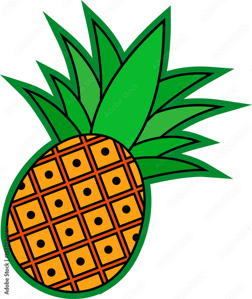 Poster flat stylized pineapple floating on transparent background, showing grid pattern and black dots