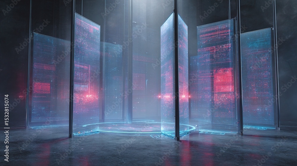 Poster futuristic digital display with translucent screens in a dark environment