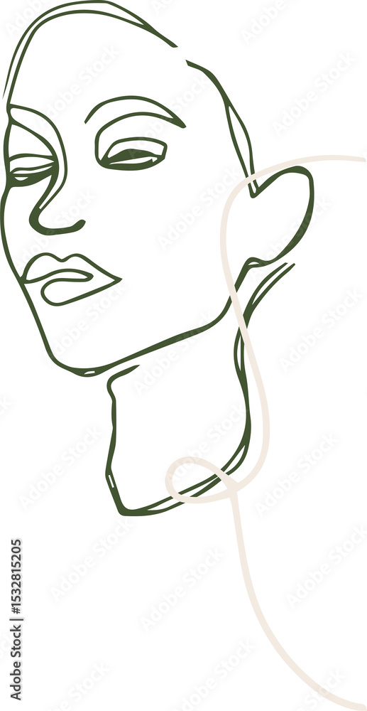 Poster featuring continuous-line face outline in olive with looping white curve on transparent background