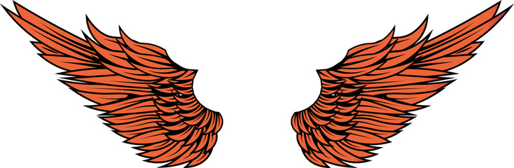 Obraz premium Stylized orange wings lifting in flat style with feathers black outline on transparent background