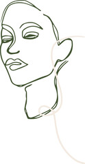 Featuring continuous-line face outline in olive with looping white curve on transparent background