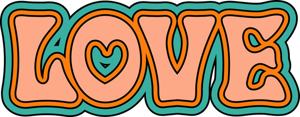 Showing LOVE letters in flat style with peach fill, black-orange-teal strokes, transparent layer