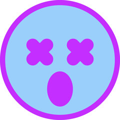 Flat emoji icon is showing purple ring light-blue fill X-shaped eyes oval mouth on clear background