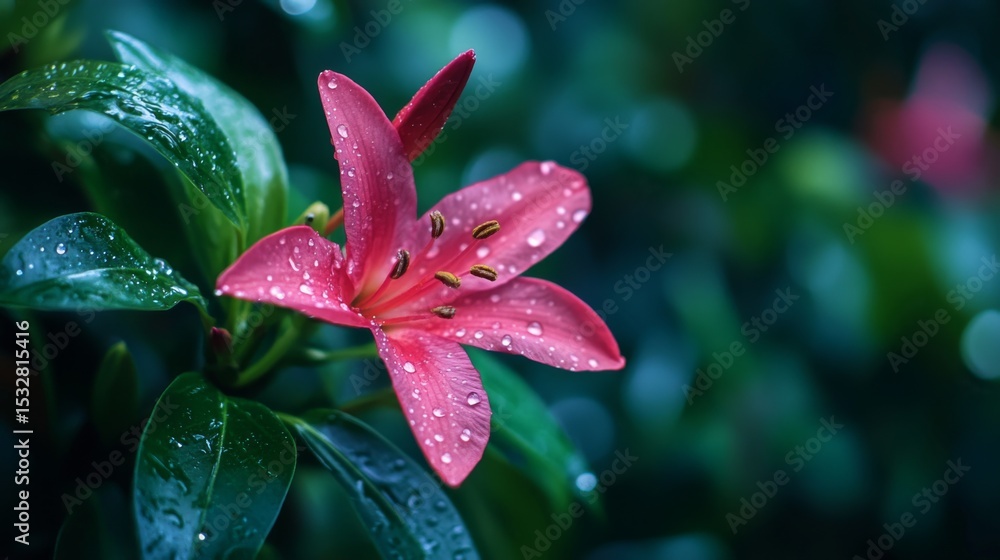 Poster a fresh bloom with tiny droplets of water on its petals, set against a blurred natural background of