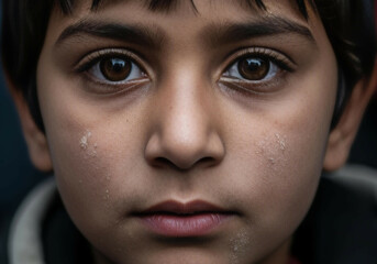 Ultra-close-up of a refugee child’s face with deep, expressive eyes, dust on cheeks, natural backlight catching the eyes