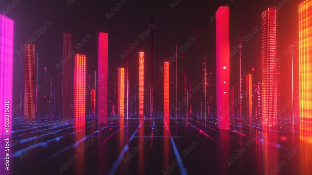 Poster A futuristic D bar chart with illuminated bars in various heights, highlighting business growth data in a digital finance environment.