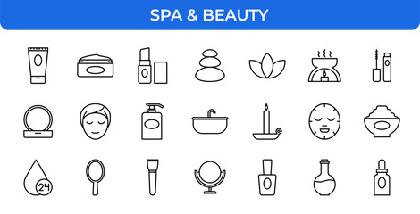 Spa & Beauty Vector Icon Set - Tube, Cream, Lipstick, Stones, Lotus, Diffuser, Mascara, Powder, Face Mask, Soap Dispenser, Sink, Candle, Mirror, Nail Polish, Dropper Icons - Editable Line Weight