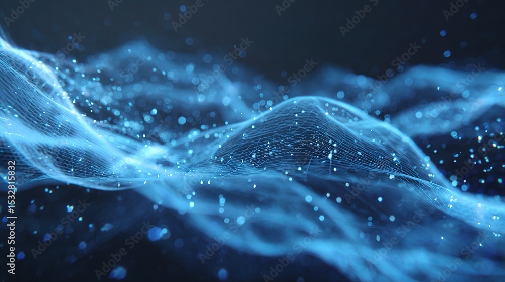Poster abstract blue mesh background with animated data trails and effects