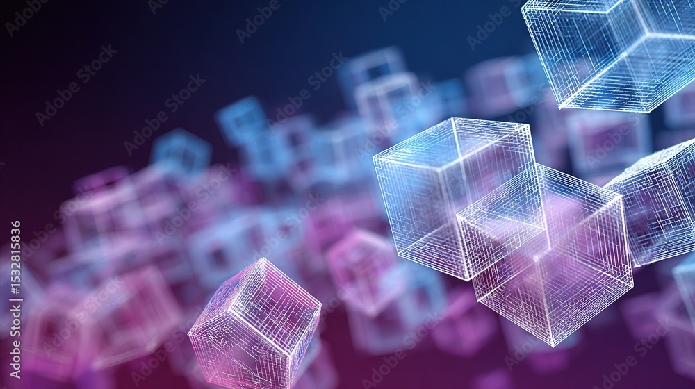 Poster translucent digital technology background with abstract wireframe cubes
