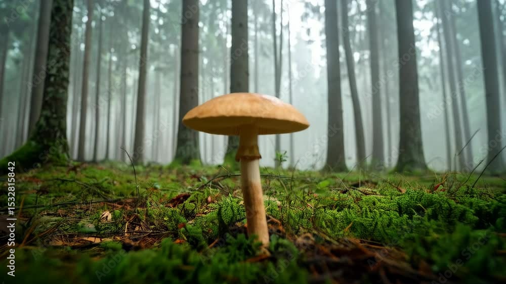 Poster mushroom in foggy forest setting with lush green moss, illuminated by soft, diffused light, creating