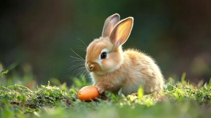 Obraz premium A gentle rabbit sitting on a patch of grass, nibbling on a carrot, with its fluffy tail and alert ears adding to its adorable charm.