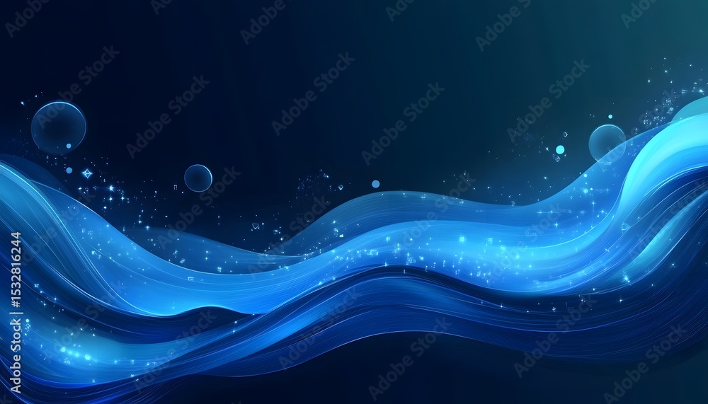 Poster abstract design with flowing blue lines and glowing particles.
