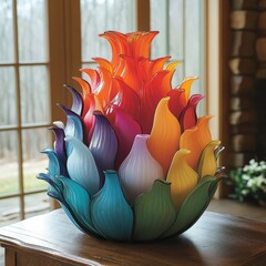 Rainbow Glass Flower Sculpture Vibrant, Colorful Artistic Home Decor