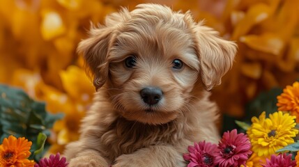 Adorable Golden Doodle Puppy Among Autumn Flowers