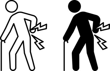 Back Pain Icons. Black and White Vector Illustrations. Man Bent Over in Pain with Cane. Injury, Disease, Medicine. Disability Concept
