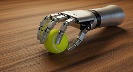 Robotic hand delicately holds a tennis ball on a wooden surface
