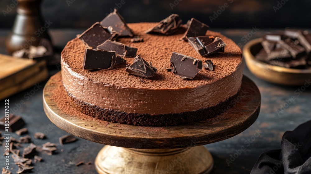 Aufkleber a high-angle view of a chocolate mousse cake on a cake stand, surrounded by cocoa powder and chocola