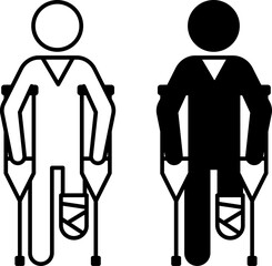 Crutches Icons. Black and White Vector Illustration. Man With Leg Cast Moves On Crutches. Injury, Illness, Medicine. Disability Concept