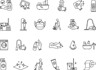 Hygiene Icon Set. Vector Illustrations Cleanliness, Disinfection, Cleaning, Soap, Sweeping, Mop, Bathing, Vacuum Cleaner, Sanitation, Hand Washing, Toilet Paper, Antiseptic, and More