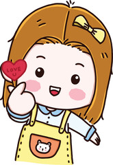 Smiling Girl Holding Heart-Shaped Candy: An adorable illustrated girl beams with joy, delicately holding a heart-shaped candy that reads 