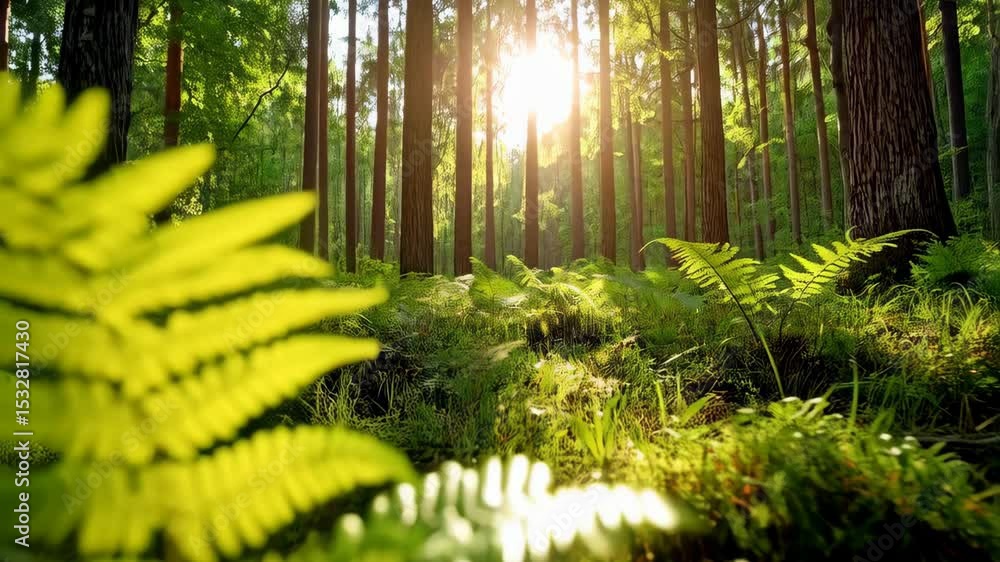 Poster sunlight filters through trees in a forest, highlighting green ferns and mossy undergrowth creating 