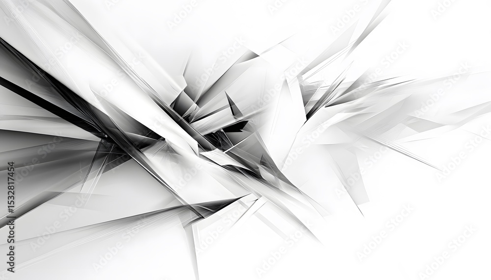 Poster abstract design of fragmented geometric shapes in grayscale.