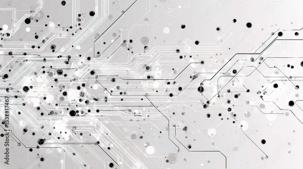 Poster abstract grey and white circuit design with dots and lines