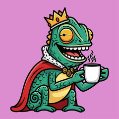 Vibrant Illustration of A Royal Lizard Character Wearing A Crown Holding A Mug Full Of Coffee
