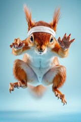 A squirrel with a headband on its head is jumping in the air